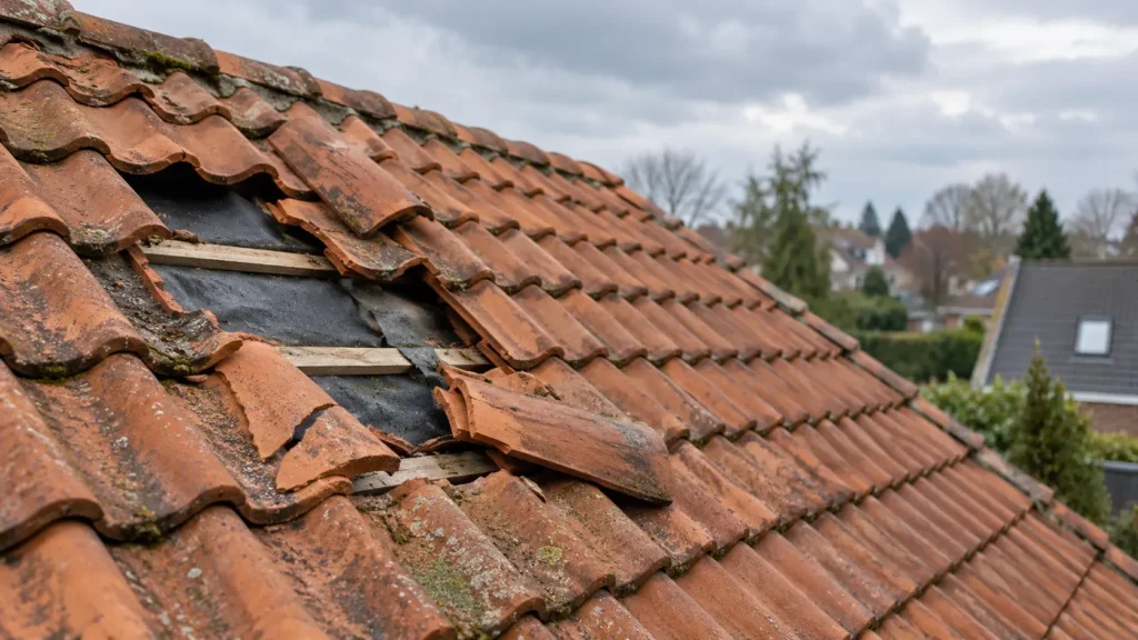 Losgeslagen en gebroken dakpannen met zichtbare panlatten en folie in Lunteren