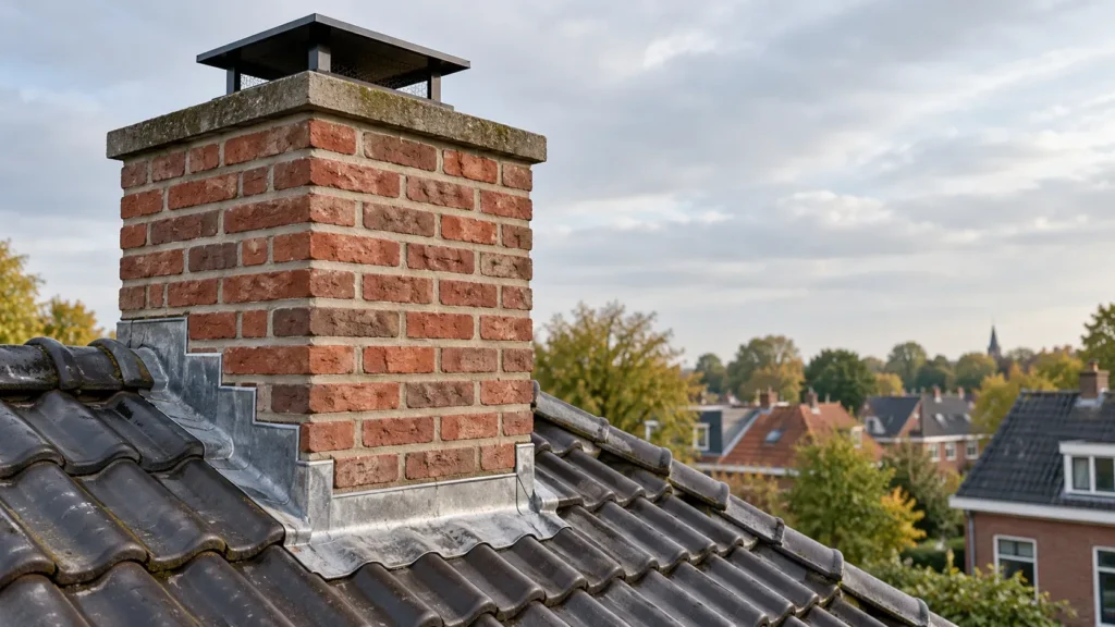Gemetselde schoorsteen met afdekplaat, kap en loodaansluiting in Lunteren